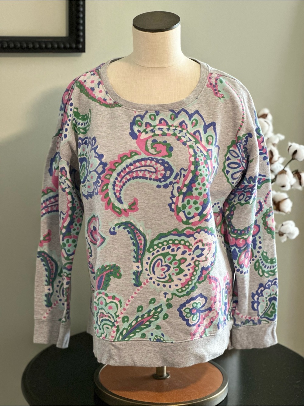 Talbots Gray Crewneck Sweatshirt with Pink, Green & Aqua Paisley -L